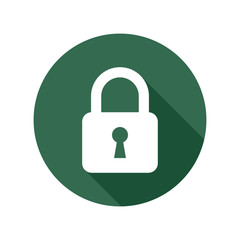 Lock icon with long shadow, white isolated on green background, vector illustration.