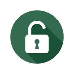 Lock icon with long shadow, white isolated on green background, vector illustration.