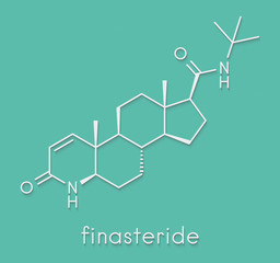 Fototapeta premium Finasteride male pattern baldness drug molecule. Also used in benign prostatic hyperplasia (BPH, enlarged prostate) treatment. Skeletal formula.