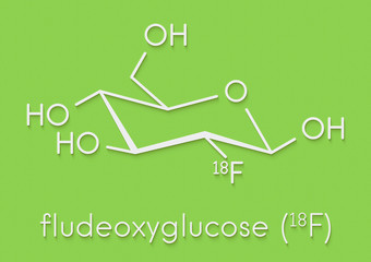 Fludeoxyglucose 18F (fluorodeoxyglucose 18F, FDG) cancer imaging diagnostic drug molecule. Contains radioactive isotope fluorine-18. Skeletal formula.