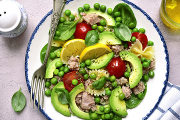Tuna salad with pasta and vegetables.Top view.