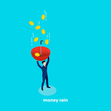 a man in a business suit with an umbrella in his hand is catching falling money, isometric image