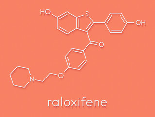 Raloxifene osteoporosis drug molecule. Used in treatment and prevention of osteoporosis in postmenopausal women. Also used to reduce risk of breast cancer in postmenopausal women. Skeletal formula.