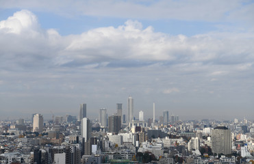 Fototapeta na wymiar 日本の東京都市風景：青空と雲のある風景「池袋の高層ビル群などを望む」