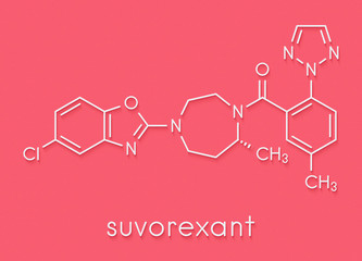 Suvorexant insomnia drug (sleeping pill) molecule. Dual orexin receptor antagonist (DORA) Skeletal formula.