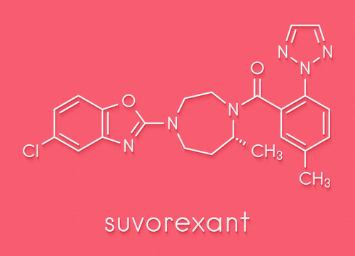 Suvorexant insomnia drug (sleeping pill) molecule. Dual orexin receptor antagonist (DORA) Skeletal formula.