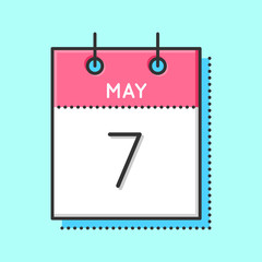 May Calendar Icon. Flat and thin line vector illustration. Spring calendar sheet on light blue background. May 7th.