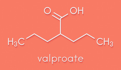 Valproic acid or valproate epilepsy (seizures) drug molecule. Skeletal formula.