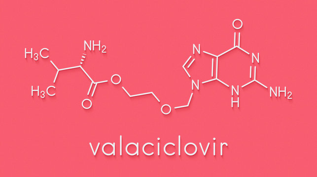 Valaciclovir (valacyclovir) herpes infection drug molecule. Skeletal formula.