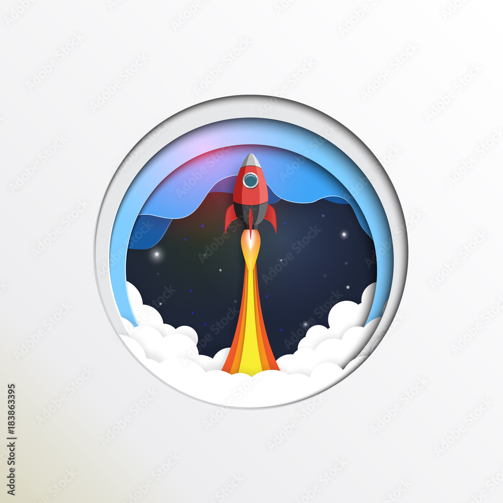 Poster rocket ship to space paper art style design.business startup concept.vector illustration.