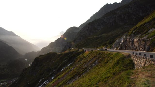 Car driving scenic road in Stein Glacier swiss alps susten pass steinsee in Switzerland 