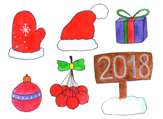Christmas set of drawings in watercolor