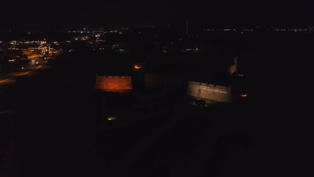 Aerial night video Castillo de San Marcos St Augustine at night 4k 24p