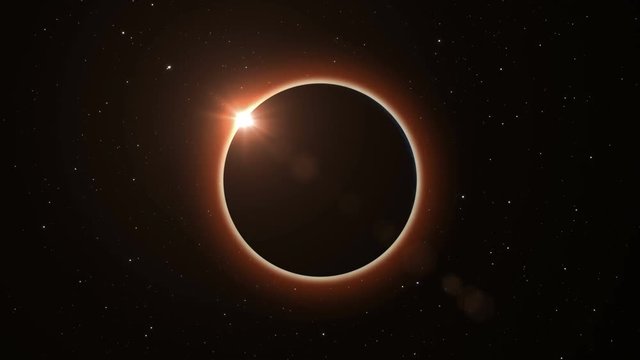 Full solar eclipse. The Earth rotates into darkness and mostly covers the visible Sun creating a diamond ring effect. astronomical phenomenon sign of the End of the World.
