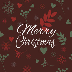 Merry Christmas Seamless Background Pattern with heart, leaves, snowflakes, hollies, star and lettering