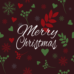 Merry Christmas Seamless Background Pattern with heart, leaves, snowflakes, hollies, star and lettering