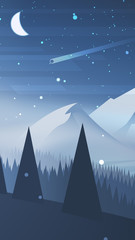 Winter landscape with mountains at night. Vector illustration