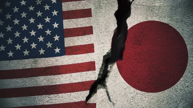 United States vs Japan Flags on Cracked Wall