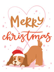 Christmas 2018 dog card vector cute cartoon puppy characters illustration home pets doggy Xmas print design web banner celebrate in Santa Red Hat