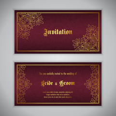 Luxury wedding invitation with golden ornament. Vector illustration