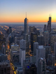 Chicago skyline from above at sunset