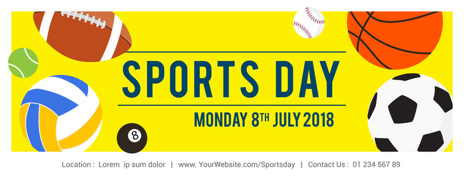 Sports Day Banner vector illustration, Sport equipment on yellow background