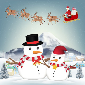 snowman and santa claus in winter village
