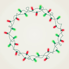 Circle frame of green and red Christmas lights on white background. Vector illustration for greeting cards, banners, design templates.