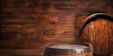 Rustic wooden barrel on a night background - obrazy, fototapety, plakaty