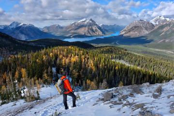 Hiking in Canadian Rockies. Spray Lake in Spray Valley Provincial Park near Canmore and Banff. Alberta. Canada.