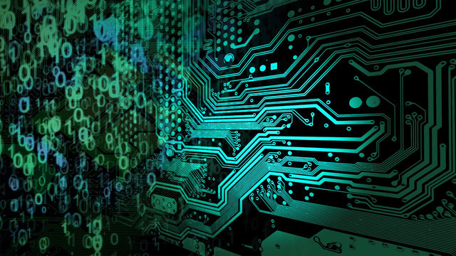 The binary code and the motherboard. Concept of information technology.