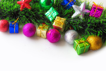 New Year Christmas background content with colorful balls stars and gifts