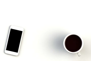 Coffee cup with smart phone on white background, Top view with copyspace for your text, 3D rendering