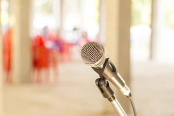 Fototapeta premium Close up microphone at conference in restaurant .