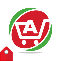 Logo icon for shopping business, illustrated in circle logo with the visual concept of shopping cart and the initials name, letter A