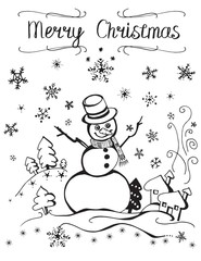 Vector illustration of snowman and many snowflakes. Merry Christmas. Happy New Year.