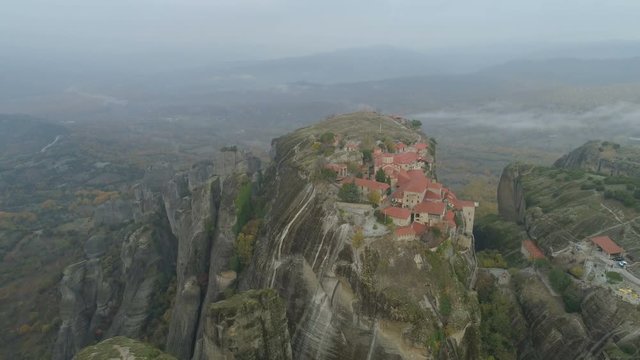 Aerial view of the Meteora rocky landscape and monasteries in Greece.