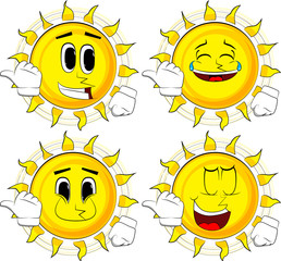 Cartoon sun with pointing hand behind his back. Collection with happy faces. Expressions vector set.