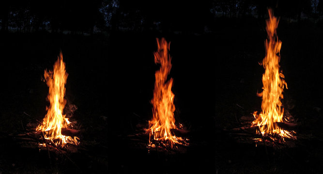Set of three photo of an orange bonfire close-up isolated on a black background in a night forest. Dry thick logs burn and beautiful high tongues of red flame rise high in the sky
