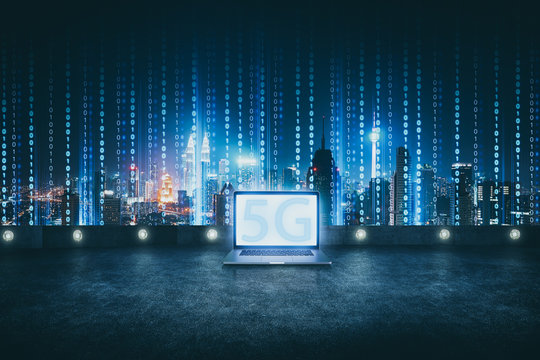 5G network wireless systems and internet of things with abstract software developer programming binary computer code with modern city skyline .