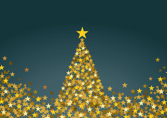 Festive horizontal Christmas background with copy space. Golden stars and tree on blue