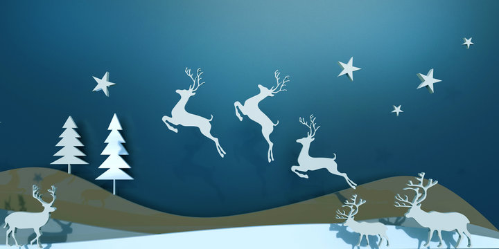 Christmas reindeer and forest Tree Night Sky on Background © guguart