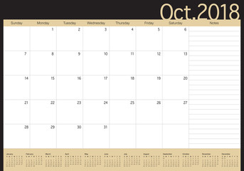 October 2018 planner calendar vector illustration