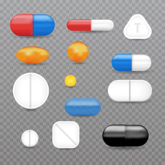 Realistic pills, vitamins, capsule, pharmaceutical drugs set. Vector illustration.