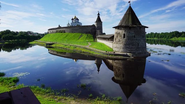 Pskov Kremlin and Trinity Cathedral church, Russia, timelapse 4k
