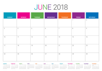 June 2018 calendar planner vector illustration
