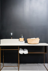 Interior of bathroom with sink basin faucet and mirror. Modern design of bathroom