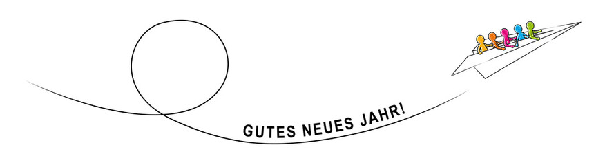 Eine Gruppe Strichmännchen im Papierflieger mit Kondensstreifen „GUTES NEUES JAHR!“ / 
Zeichnung, farbig, Vektor, freigestellt
