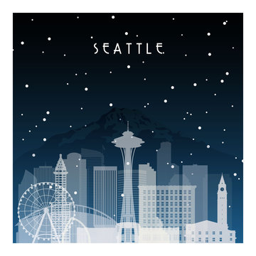 Winter night in Seattle. Night city in flat style for banner, poster, illustration, background.