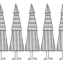 Christmas decorative trees. Black and white illustration for coloring book or page.